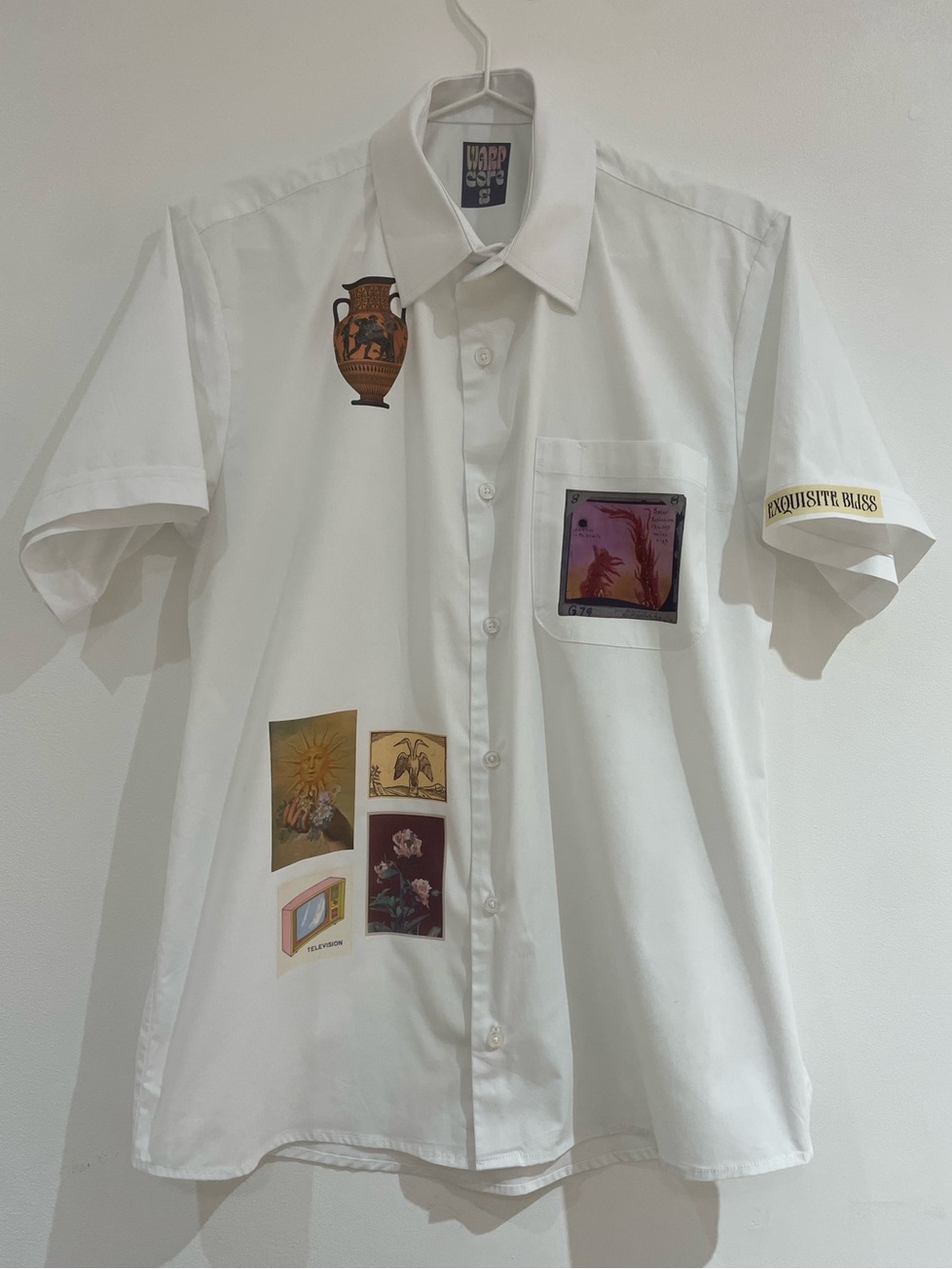 Upcycled graphic collage white button-down shirt unisex S/M - Picture 1 of 4